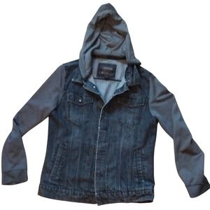 21MEN‎ Denim Jacket with Jersey Knit Hooded Sleeves - Men's Casual Stylish